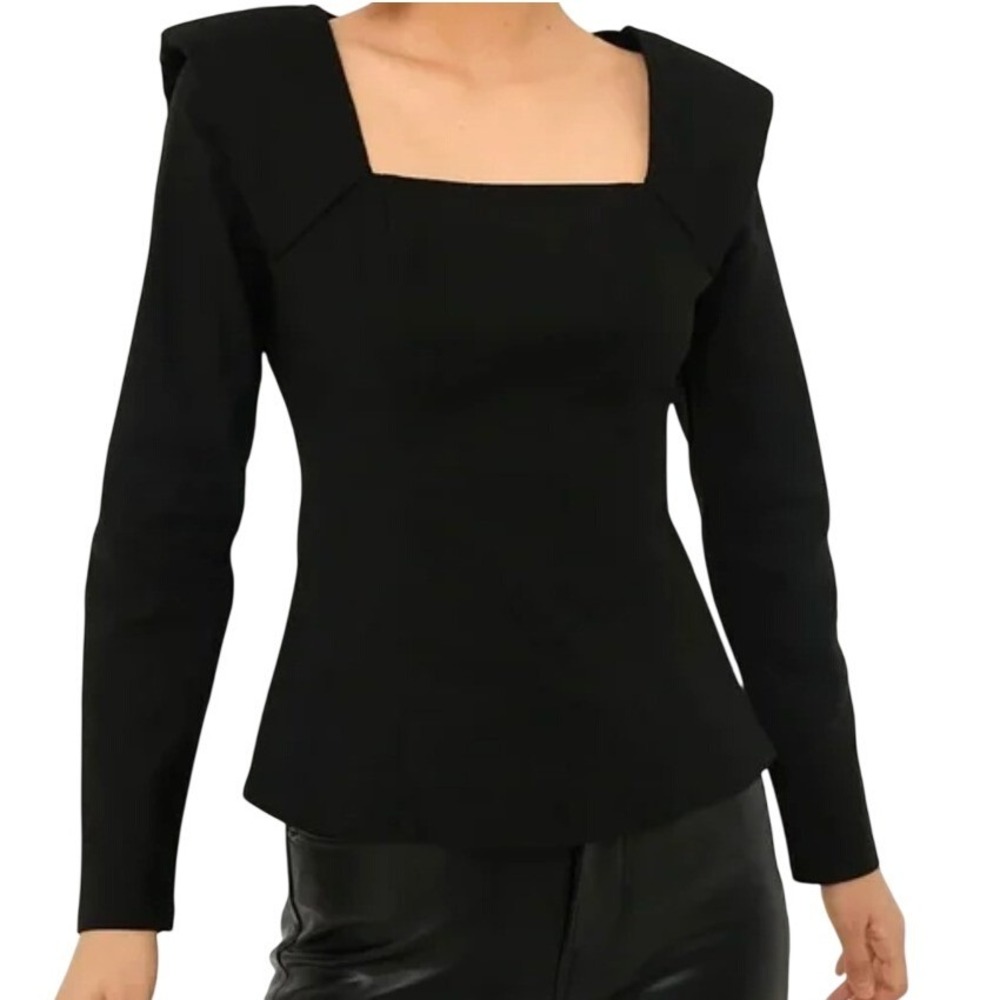 Hyacinth House Tuckernuck Black Square Neck Shoulder Pad Long Sleeve Hepburn Top